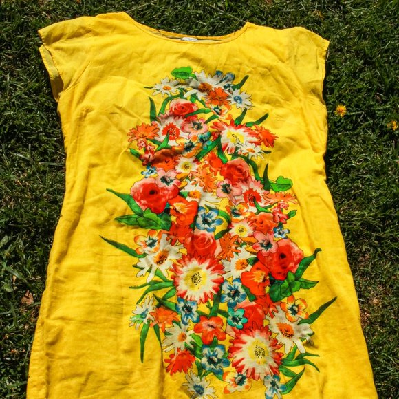 Yellow Screen Printed Chemise Aesthetic Mini Dress - Picture 2 of 13